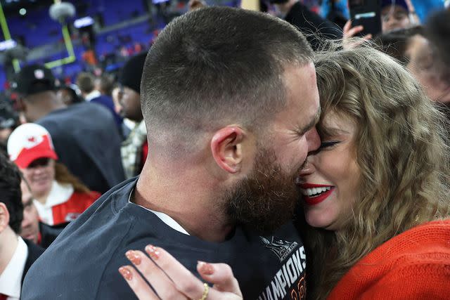 <p>Patrick Smith/Getty</p> Travis Kelce and Taylor Swift