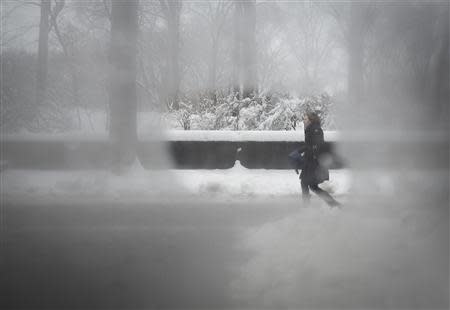 A woman is pictured though a steamy bus window as she walks along 5th Avenue at Central Park in New York February 5, 2014. REUTERS/Carlo Allegri