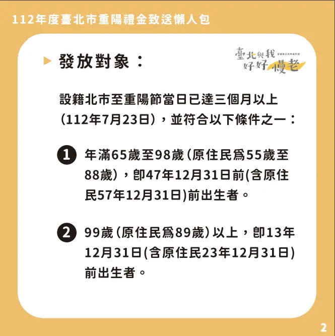 ▲台北市長蔣萬安重陽敬老金發放對象。（圖／台北市社會局提供）