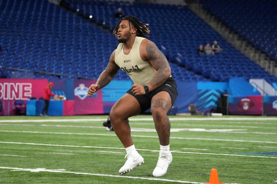 Alabama offensive lineman JC Latham (OL41)during the 2024 NFL Scouting Combine at Lucas Oil Stadium.