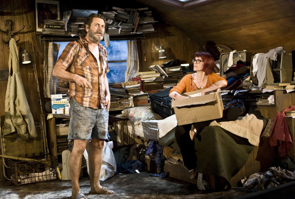 This image released by Seven17 Public Relations shows Nick Offerman, left, and Megan Mullally in a scene from "Annapurna" performing off-Broadway at The New Group in New York. (AP Photo/Seven17 PR, Monique Carboni)