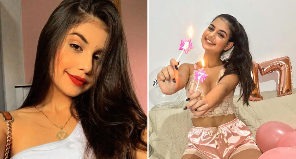 Maria Bianca dos Santos Siqueira, 17, is pictured left and right in a birthday photo.