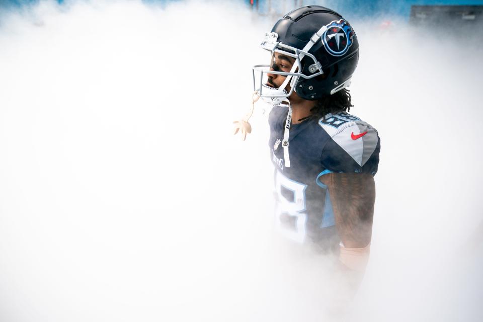 Tennessee Titans wide receiver Marcus Johnson (88) heads onto the field before a game against the Houston Texans at Nissan Stadium in Nashville, Tenn., Sunday, Nov. 21, 2021.