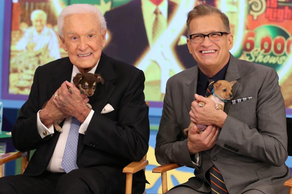 LOS ANGELES, CA - NOVEMBER 05: Bob Barker and Drew Carey attend the set of 'The Price Is Right' at CBS Television City on November 5, 2013 in Los Angeles, California. (Photo by JB Lacroix/WireImage)