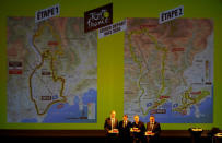 Nice mayor Christian Estrosi, Tour de France director Christian Prudhomme,Thierry Gouvenou, the Tour de France Sporting Director, and Yann Le Moenner, CEO of Amaury Sport Organisation, attend a news conference for the official presentation of the 2020 Grand Depart of the Tour de France cycling race at the Opera de Nice in Nice, France, March 18, 2019. REUTERS/Eric Gaillard