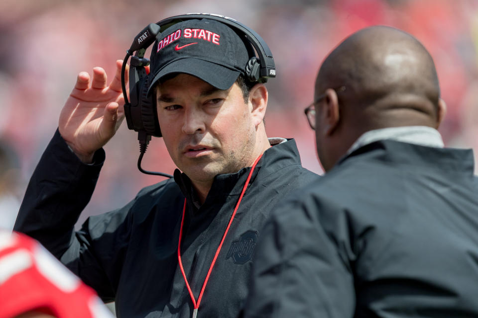 Ohio State Buckeyes head coach Ryan Day talks with assistant Tony Alford during the Ohio State Spring Game on April 13. (Getty)