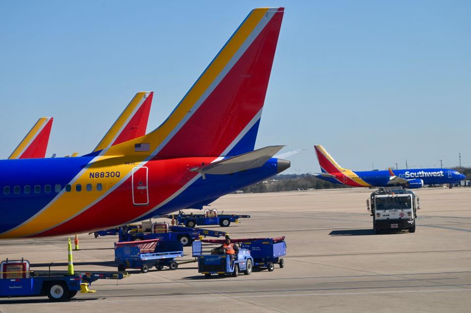 Southwest Airlines planes are seen at the AustinBergstrom International Airport (AUS) in Austin, Texas on January 22, 2023. (Photo by DANIEL SLIM/AFP via Getty Images)