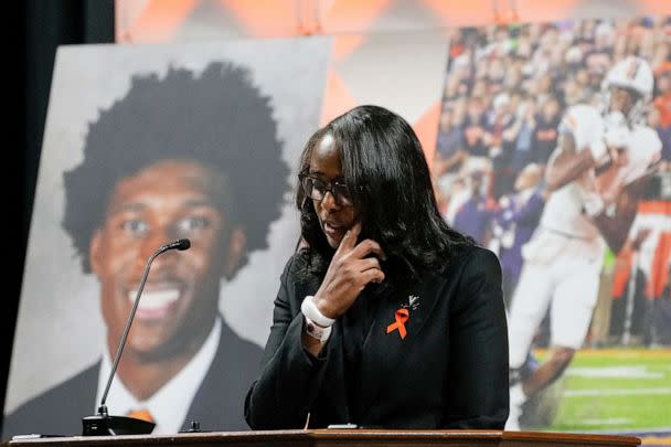 PHOTO: University of Virginia Athletic Director Carla Williams speaks during a memorial service for three slain University of Virginia football players at John Paul Jones Arena at the school in Charlottesville, Va., Nov. 19, 2022. (Steve Helber/USA TODAY Sports)