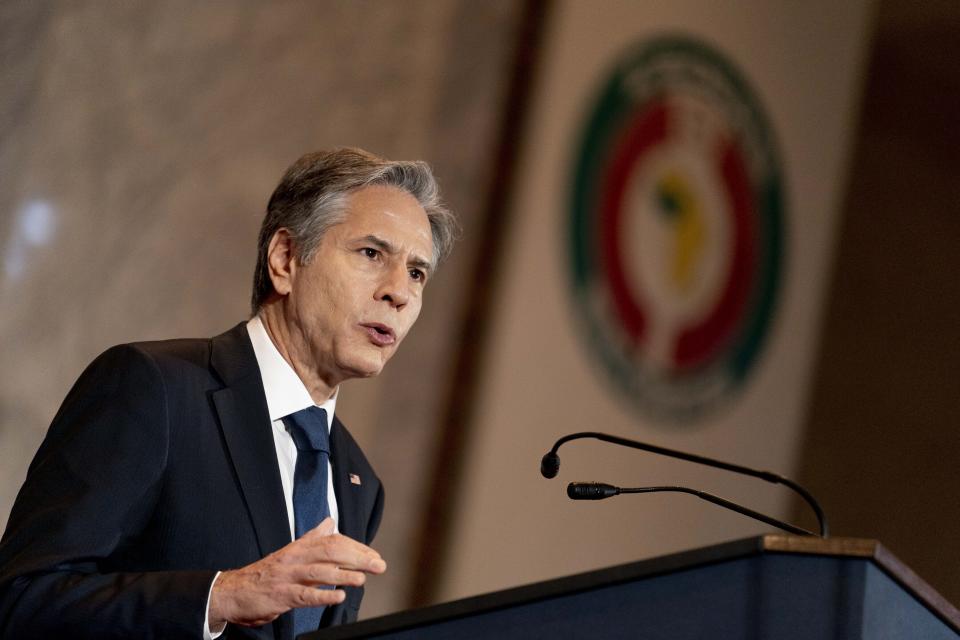 Secretary of State Antony Blinken gives a speech on U.S. Africa Policy at the Economic Community of West African States in Abuja, Nigeria, Friday, Nov. 19, 2021. Blinken is on a five day trip to Kenya, Nigeria, and Senegal. (AP Photo/Andrew Harnik, Pool)