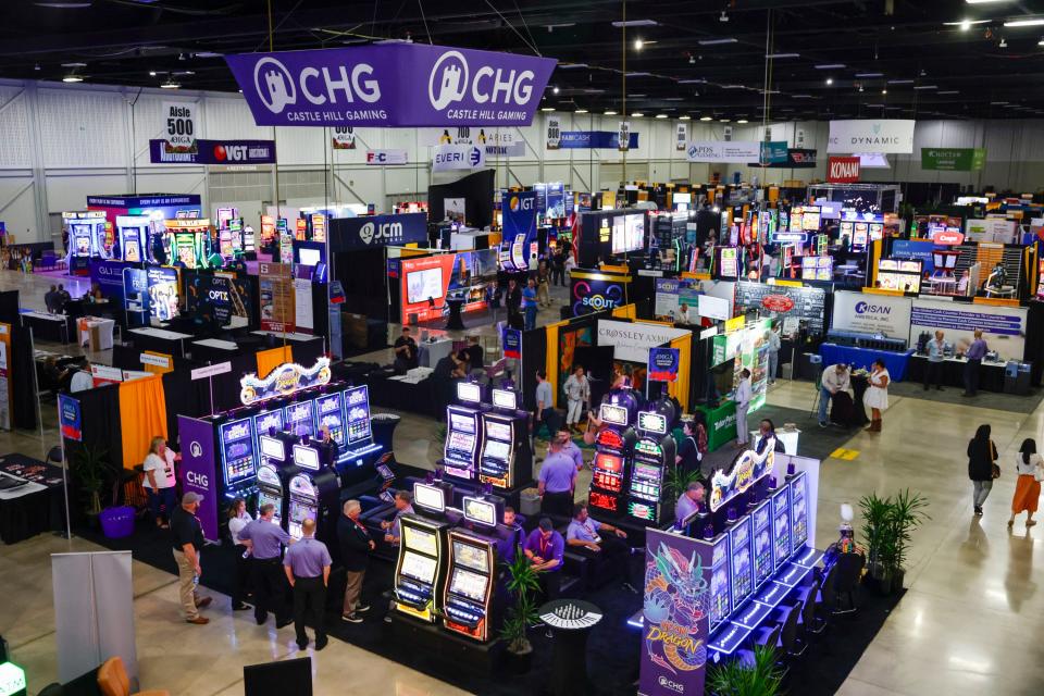 The trade show floor of the Oklahoma Indian Gaming Association conference is shown this week in Tulsa.