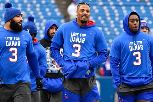 Minnesota Vikings wide receiver Justin Jefferson wears a shirt honoring  injured Buffalo Bills player Damar Hamlin before an NFL football game  against the Chicago Bears, Sunday, Jan. 8, 2023, in Chicago. (AP