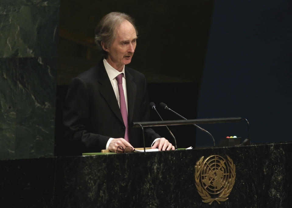 FILE - In this Jan. 22, 2015 file photo, the then Norwegian Ambassador to the U.N. Geir O. Pedersen addresses the United Nations General Assembly. Pedersen arrived in Damascus Tuesday, Jan. 15, 2019 in the first visit since he was appointed as the United Nations' new special envoy for Syria. (AP Photo/Richard Drew, File)