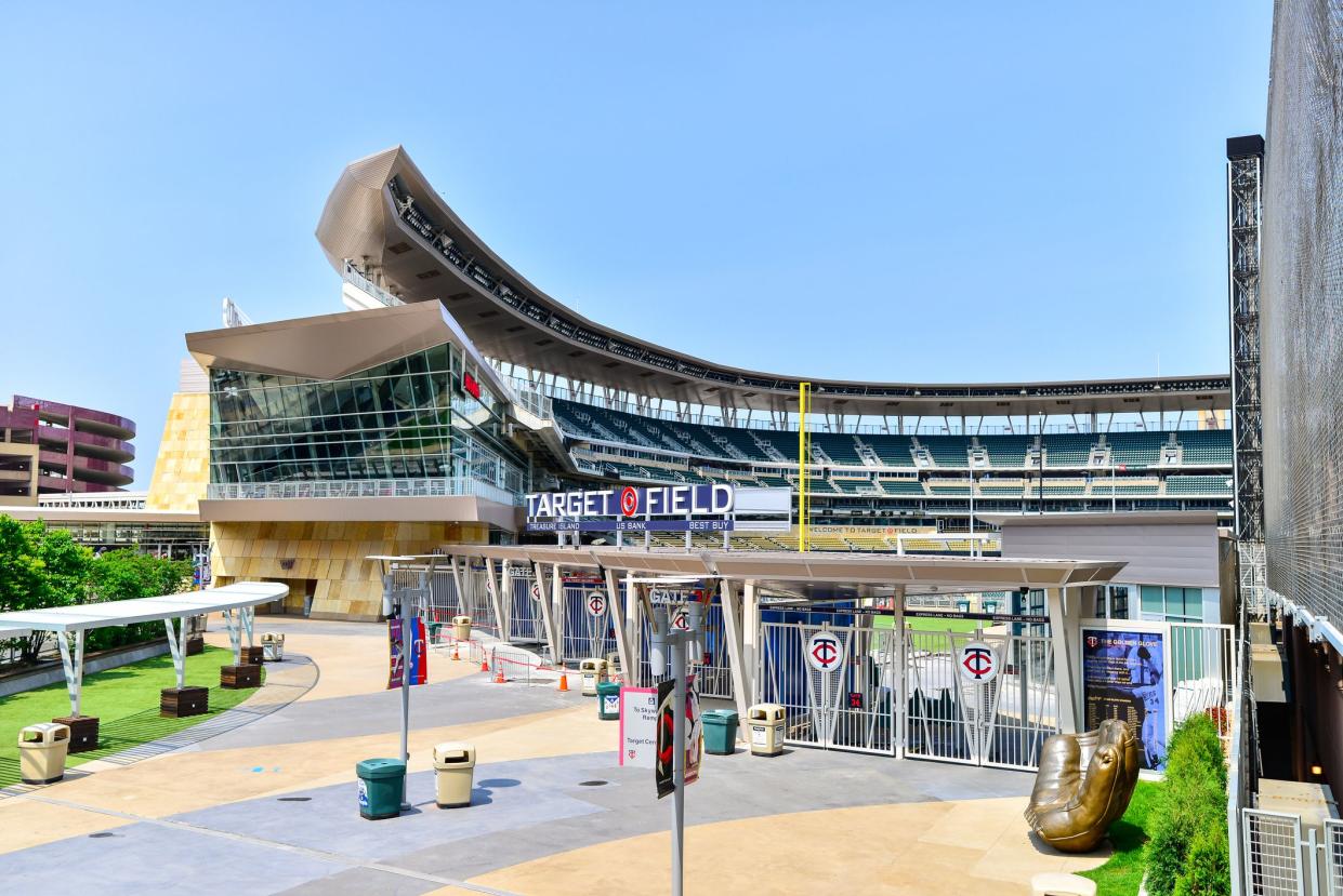 Exterior front of Target Field, Minneapolis, home of the Minnesota Twins with field and seating in view, empty on a sunny day