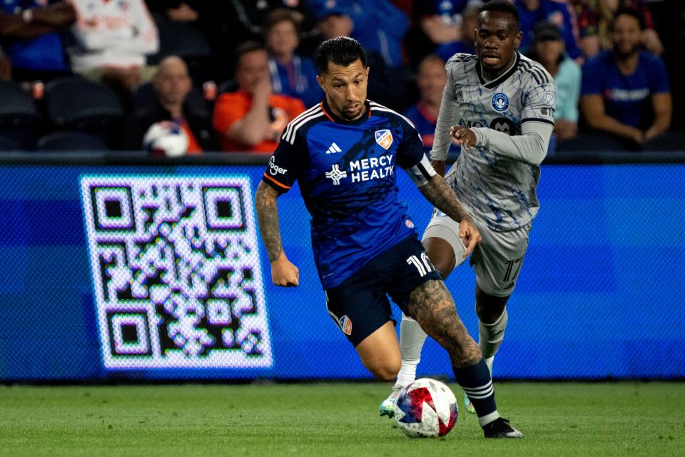 FC Cincinnati midfielder Luciano Acosta (10) handles the ball in the second half of the MLS match between the FC Cincinnati and the CF Montréal on Wednesday, May 17, 2023 in Cincinnati. 