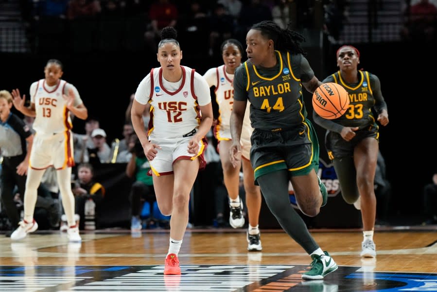 PORTLAND, OREGON – MARCH 30: Dre’Una Edwards #44 of the Baylor Lady Bears dribbles during the first half against the USC Trojans in the Sweet 16 round of the NCAA Women’s Basketball Tournament at Moda Center on March 30, 2024 in Portland, Oregon. (Photo by Soobum Im/Getty Images)