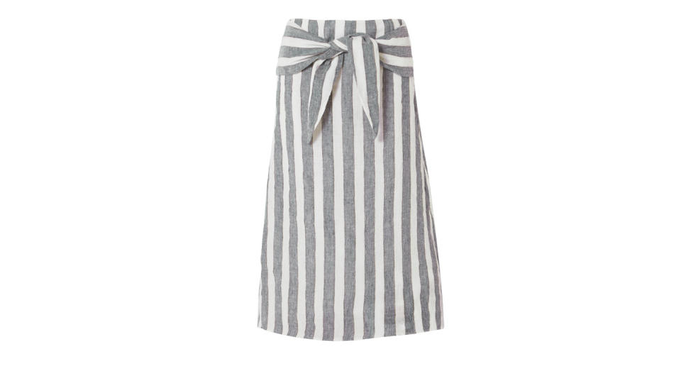 <p>This striped J.Crew skirt has summer staple writter all over it. Just pair with a white tee, some slip on sandals and go. <br><a rel="nofollow noopener" href="https://www.net-a-porter.com/gb/en/product/1048882/j_crew/shipwreck-striped-linen-midi-skirt" target="_blank" data-ylk="slk:Buy here.;elm:context_link;itc:0;sec:content-canvas" class="link ">Buy here.</a> </p>