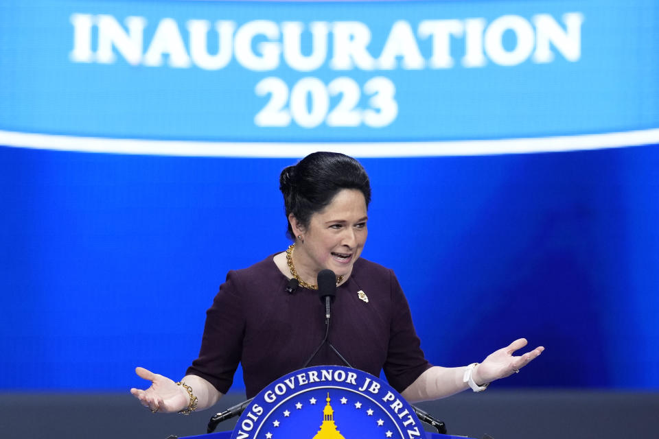 Illinois Comptroller Susana A. Mendoza addresses the crowd after taking the oath of office during ceremonies Monday, Jan. 9, 2023, in Springfield, Ill. (AP Photo/Charles Rex Arbogast)