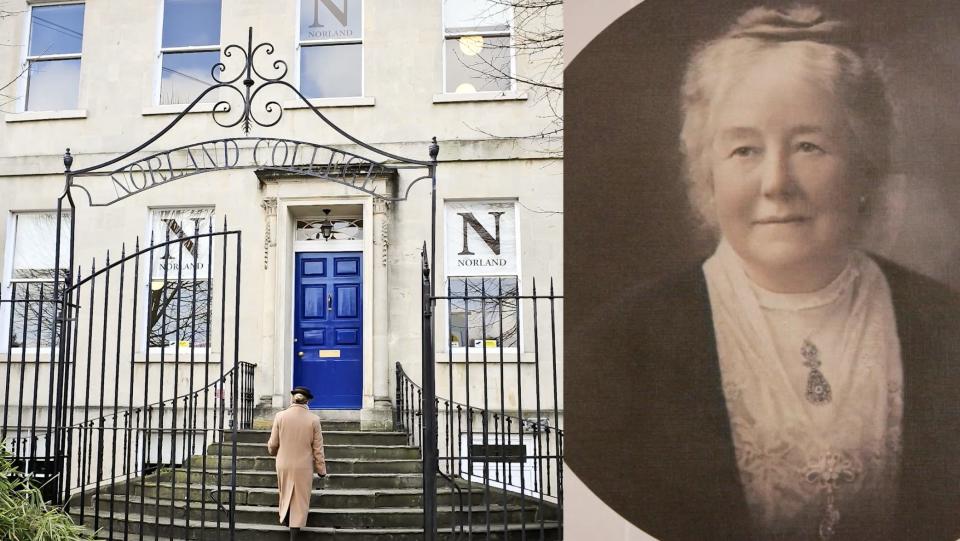 side-by-side images of Norland College campus gate and founder Emily Ward