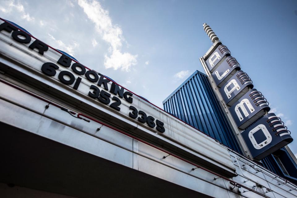 The marquee of the Alamo Theatre can be seen on Farish Street in downtown Jackson