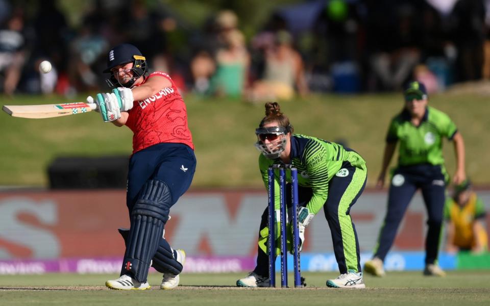 Alice Capsey of England plays a shot during the ICC Women's T20 World Cup group B match between Ireland and England at Boland Park on February 13, 2023 in Paarl, South Africa - Mike Hewitt/Getty Images