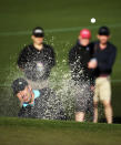 Jose Maria Olazabal, of Spain, chips out of a bunker on the second hole during the second round of the Masters golf tournament Friday, April 11, 2014, in Augusta, Ga. (AP Photo/Chris Carlson)