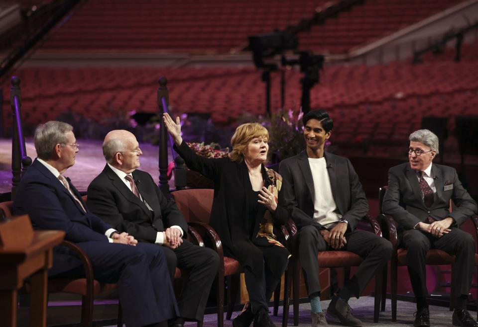 Mike Leavitt, president of the Tabernacle Choir at Temple Square, Mack Wilberg, music director of the Choir, Lesley Nichol, Michael Maliakel and Ron Gunnell, Global Envoy to the Choir Presidency, speak about Temple Square’s 2023 Christmas concert at the Conference Center of The Church of Jesus Christ of Latter-day Saints in Salt Lake City on Friday, Dec. 15, 2023. | Laura Seitz, Deseret News