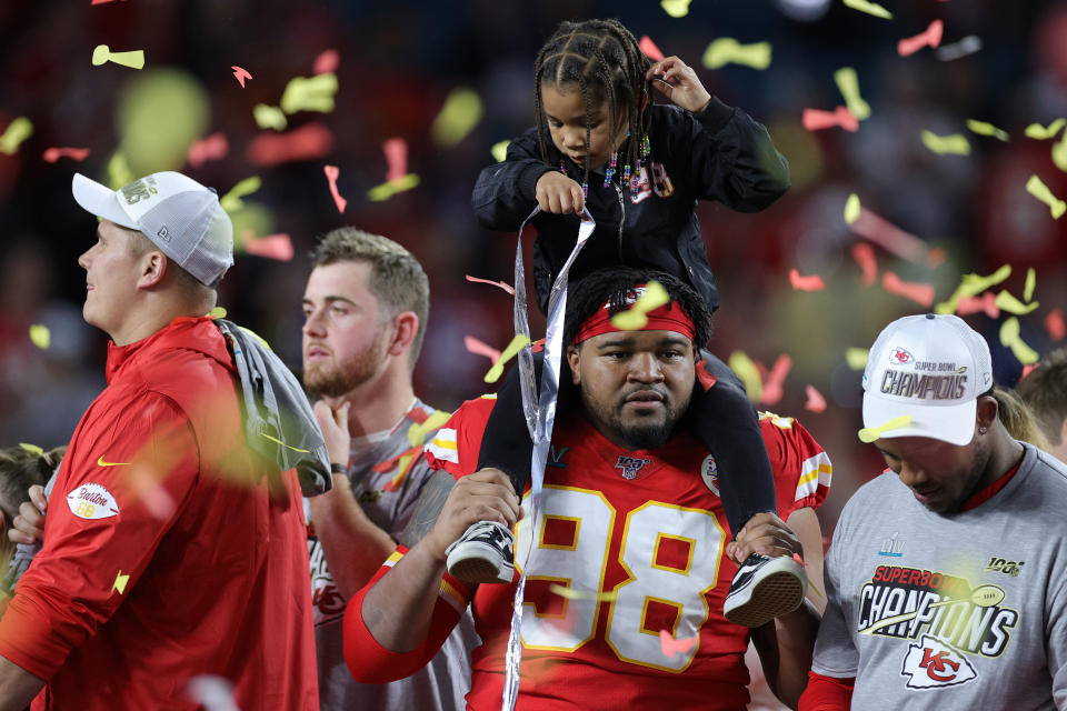 MIAMI, FLORIDA - FEBRUARY 02: Xavier Williams #98 of the Kansas City Chiefs celebrates after defeating San Francisco 49ers by 31 - 20 in Super Bowl LIV at Hard Rock Stadium on February 02, 2020 in Miami, Florida. (Photo by Rob Carr/Getty Images)