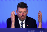 Jacco Swart, Managing Director of the European Leagues, speaks during the 48th European Leagues General Assembly press conference at Nobu Hotel Portman Square, London, Friday April 26, 2024. (Steven Paston/PA via AP)