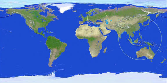 This NASA map shows the locations in Eastern Europe, Asia and Australia, where the asteroid 2012 DA14 may be visible in telescopes during its close Earth flyby on Feb. 15, 2013.