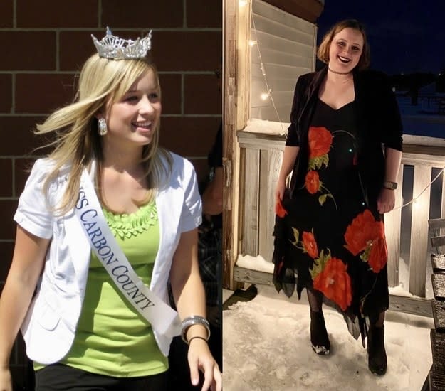 teenager wearing a pageant crown and sash; person in a goth outfit