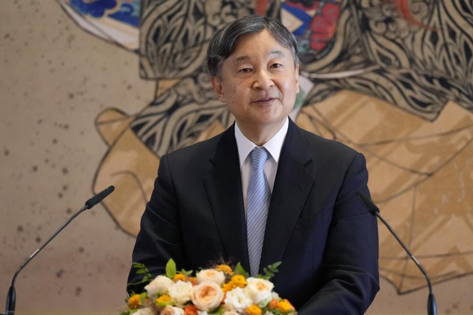 Japan's Emperor Naruhito speaks during a press conference at the Imperial Palace in advance of his visit to Britain, Wednesday, June 19, 2024, in Tokyo. (AP Photo/Eugene Hoshiko, Pool)