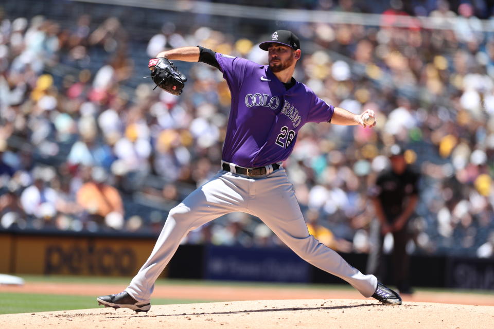 Colorado Rockies starting pitcher Austin Gomber delivers to a San Diego Padres' batter in the first inning of a baseball game Sunday, Aug. 1, 2021, in San Diego. (AP Photo/Derrick Tuskan)