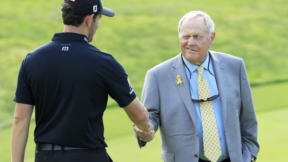 Patrick Cantlay is pictured shaking hands with Jack Nicklaus after winning The Memorial Tournament in 2019.