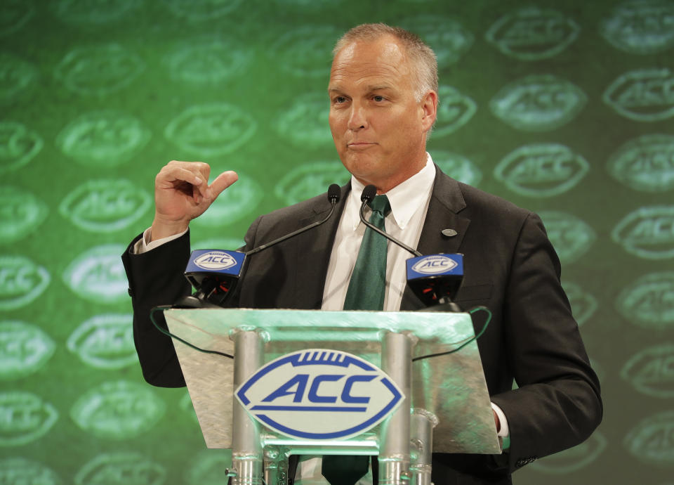 Miami head coach Mark Richt answers a question during a news conference at the NCAA Atlantic Coast Conference college football media day in Charlotte, N.C., Wednesday, July 18, 2018. (AP Photo/Chuck Burton)