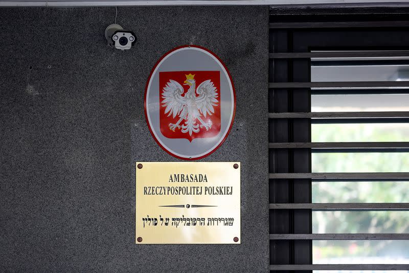 FILE PHOTO: Signage is seen at the entrance of the Polish Embassy in Tel Aviv, Israel