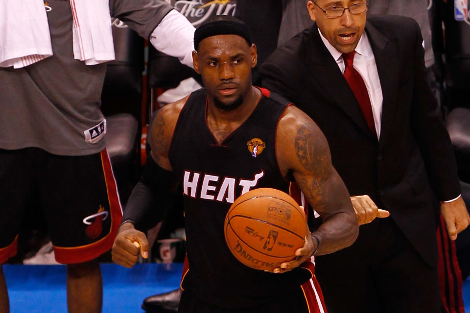 OKLAHOMA CITY, OK - JUNE 14: LeBron James #6 of the Miami Heat react after the Heat defeat the Oklahoma City Thunder 100-96 in Game Two of the 2012 NBA Finals at Chesapeake Energy Arena on June 14, 2012 in Oklahoma City, Oklahoma. NOTE TO USER: User expressly acknowledges and agrees that, by downloading and or using this photograph, User is consenting to the terms and conditions of the Getty Images License Agreement. (Photo by Mike Ehrmann/Getty Images)