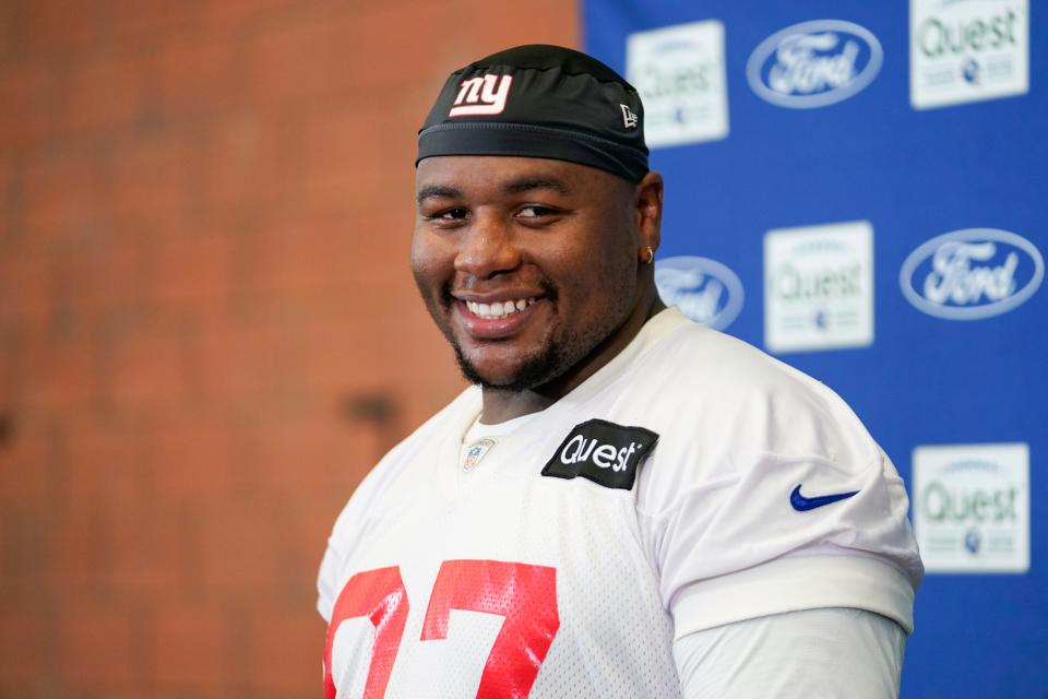 Jul 27, 2023; East Rutherford, NJ, USA; New York Giants defensive tackle Dexter Lawrence (97) talks to reporters after day two of training camp at the Quest Diagnostics Training Facility. Mandatory Credit: Danielle Parhizkaran-USA TODAY Sports