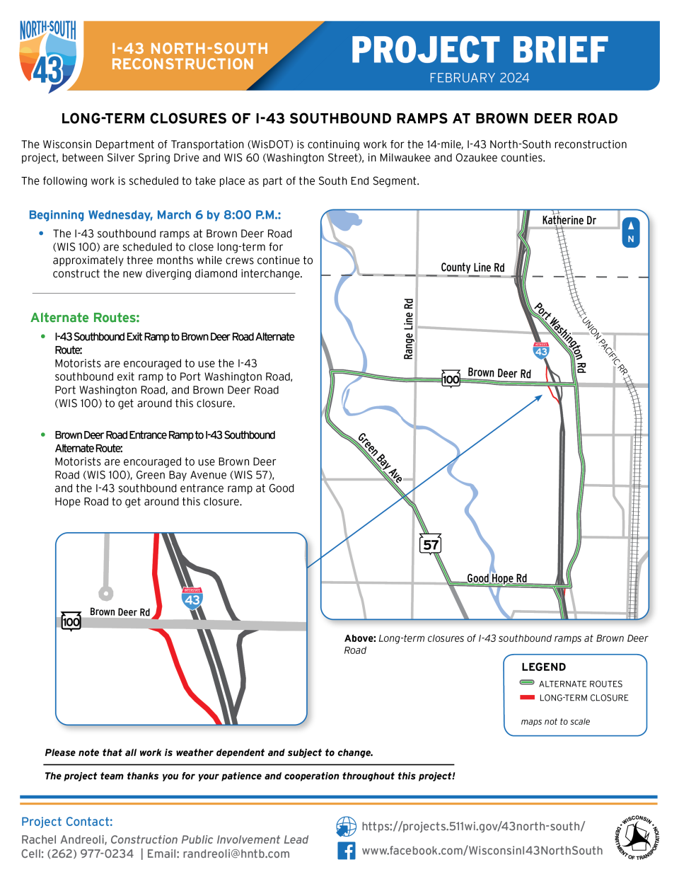 A WisDOT project brief showing where the closures will be at the I-43 southbound ramps on Brown Deer Road, as well as alternative routes. The ramps will be closed for approximately three months, beginning Wednesday, March 6.