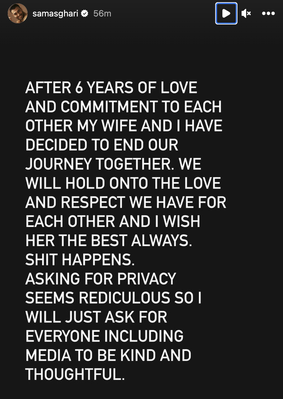 Asghari posted this statement on his Instagram story a day after filing for divorce (Sam Asghari/Instagram)