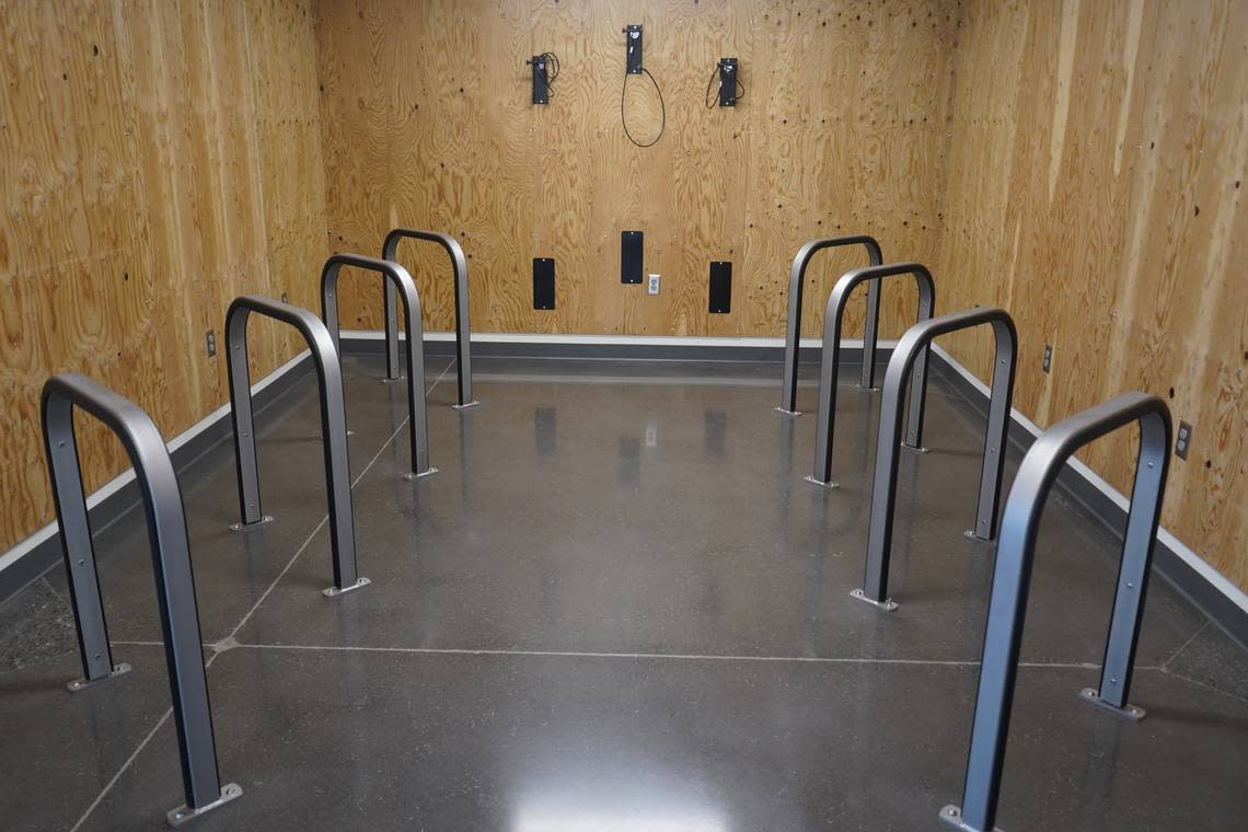 A bike storage room with electric bike charging capabilities is featured inside the Bellingham Public Schools new District Office in Bellingham, Wash. The space is next to a wellness room and showers to help promote employee health and wellbeing.