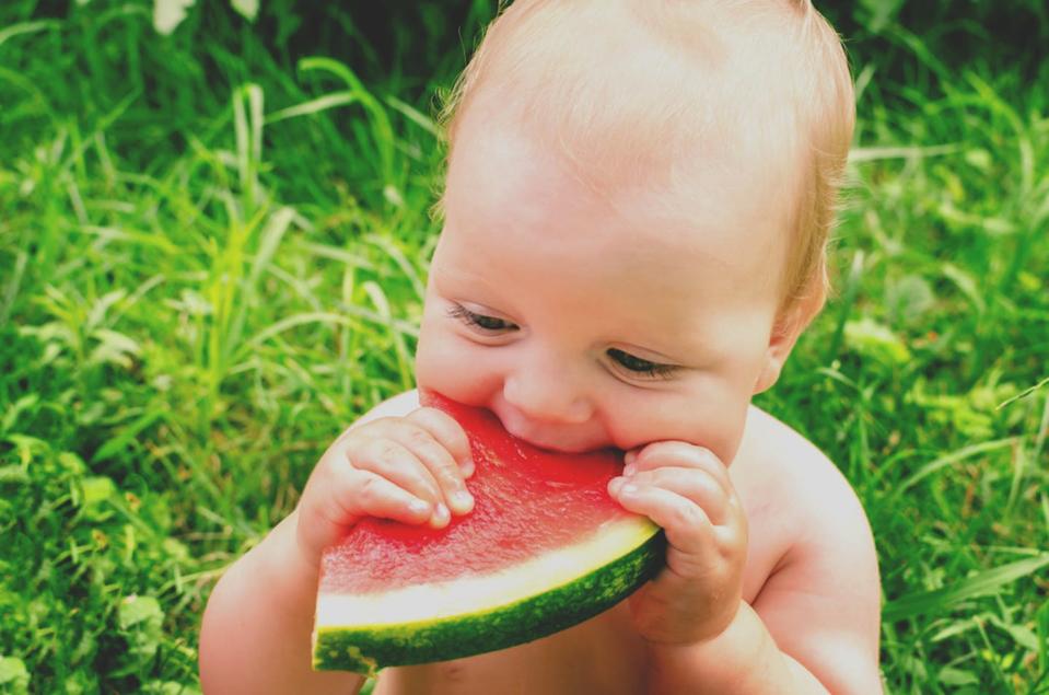 For older babies, try offering watermelon or strawberries. <a href="https://www.shutterstock.com/image-photo/little-boy-eating-watermelon-red-garden-459152617" rel="nofollow noopener" target="_blank" data-ylk="slk:Dudaeva/Shutterstock;elm:context_link;itc:0;sec:content-canvas" class="link ">Dudaeva/Shutterstock</a>