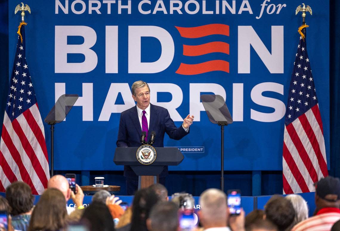 North Carolina Governor Roy Cooper addresses a campaign rally for Vice President Kamala Harris at Westover High School on Thursday, July 18, 2024 in Fayetteville, N.C.