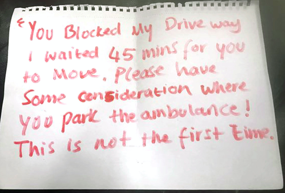 <em>The note left on an ambulance complained about where it had parked (PA)</em>