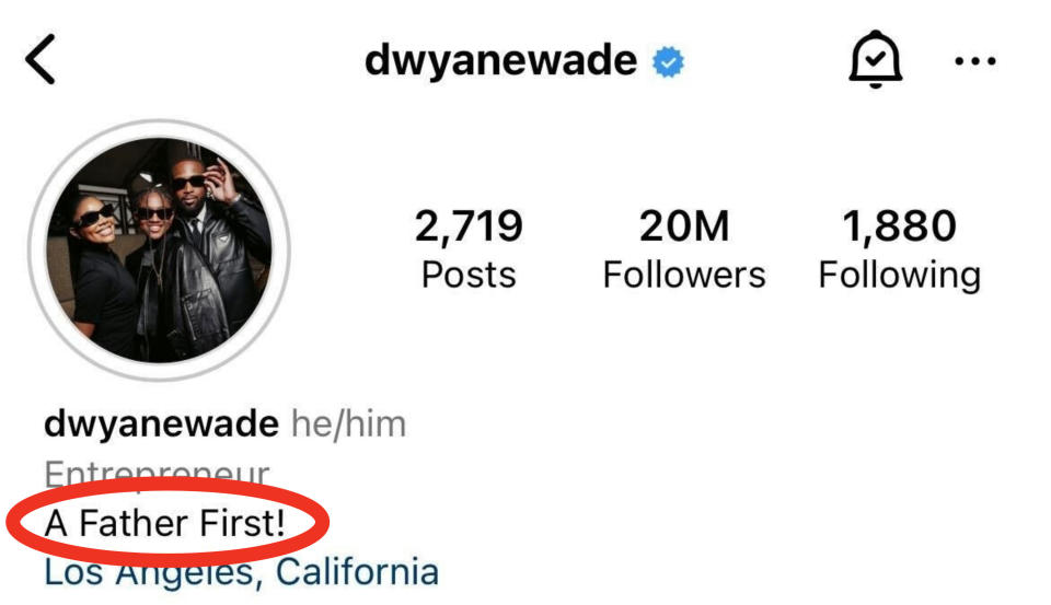 A closeup of  Dwyane Wade IG profile that says "A Father First!"
