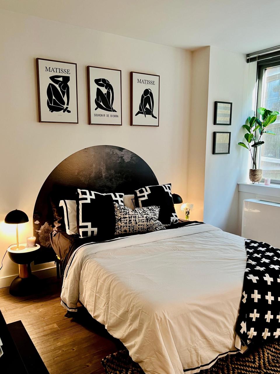 A view of the bedroom in a studio apartment transformed by interior designer Clare Sullivan.