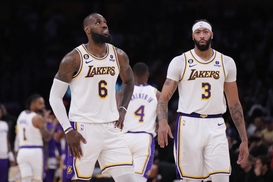 May 20, 2023; Los Angeles, California, USA; <a class="link " href="https://sports.yahoo.com/nba/teams/la-lakers/" data-i13n="sec:content-canvas;subsec:anchor_text;elm:context_link" data-ylk="slk:Los Angeles Lakers;sec:content-canvas;subsec:anchor_text;elm:context_link;itc:0">Los Angeles Lakers</a> forward LeBron James (6) and forward Anthony Davis (3) react in the fourth quarter against the Denver Nuggets during game three of the Western Conference Finals for the 2023 NBA playoffs at Crypto.com Arena. Mandatory Credit: Kirby Lee-USA TODAY Sports