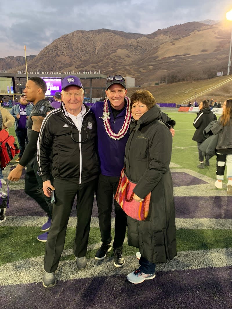 Weber State head coach Jay Hill, center, poses with his dad, Ferrell, left, and mom, Venda, after a Weber State football game in Ogden. Hill is now the defensive coordinator at BYU. Courtesy Hill family.