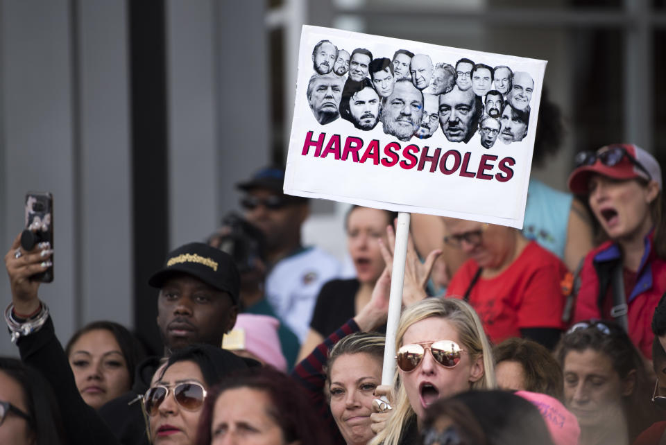 Protesters attend a Me Too rally to denounce sexual harassment and assaults of women in Los Angeles, California on November 12, 2017. (Photo: NurPhoto via Getty Images)