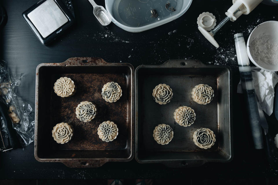 Mooncakes can be made in multiple batches with different fillings and pressed with different patterns. (Courtesy Maggie Zhu)