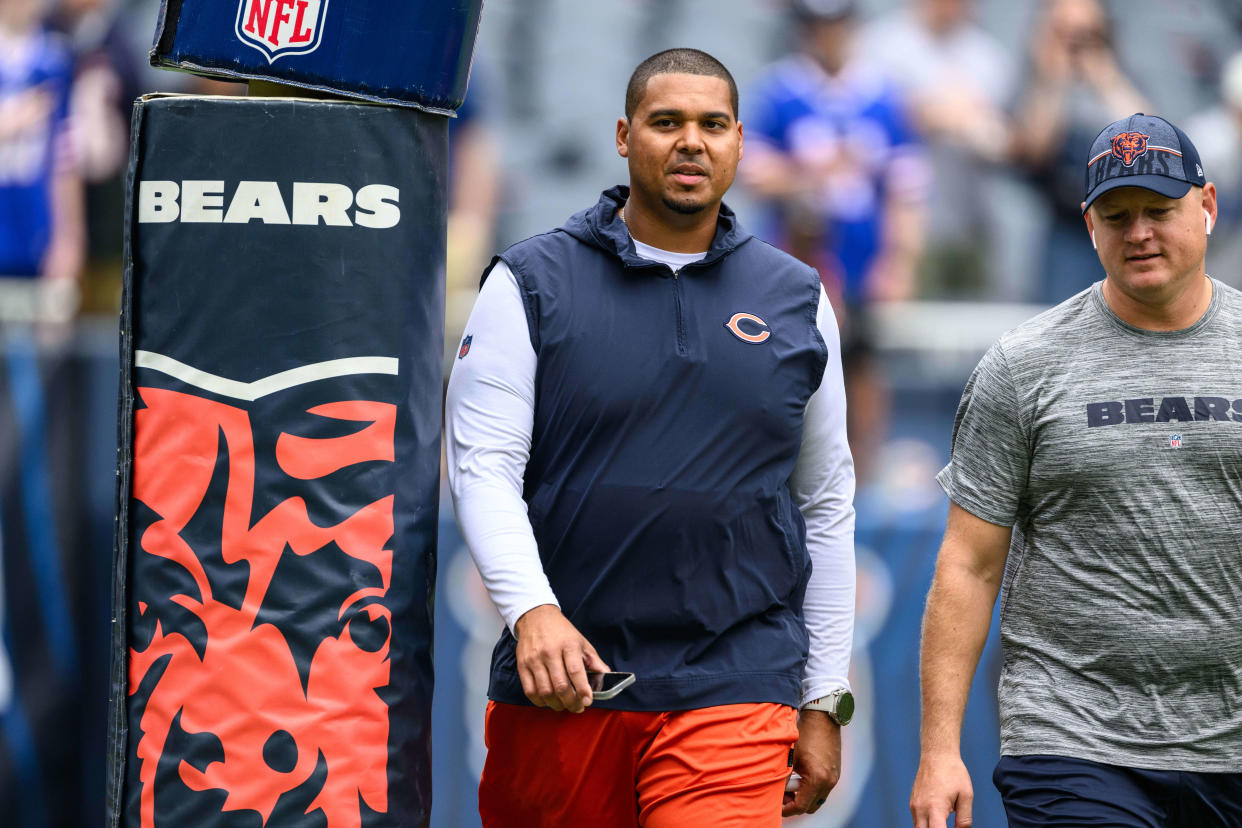 Bears general manager Ryan Poles looks on before a game against the Bills at Soldier Field in Chicago on Aug. 26, 2023.